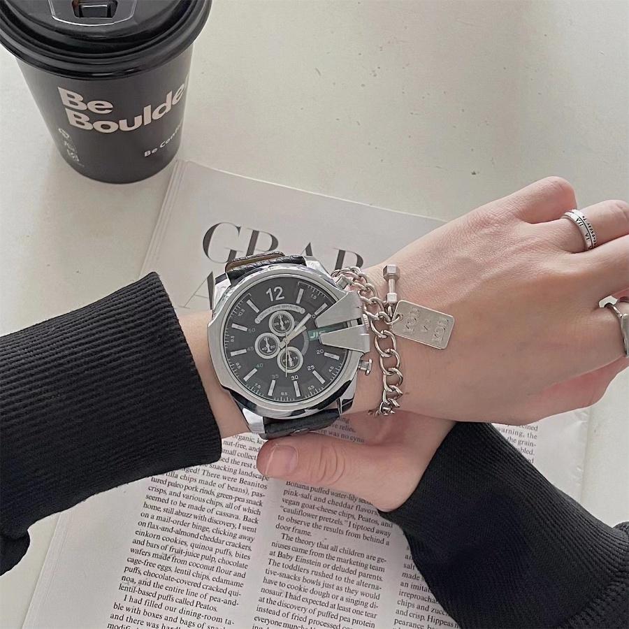 Đồng Hồ Đeo Tay Mặt Tròn Dây Da PU Kiểu Hip-Hop Hàn Quốc Cá Tính Cho Nam