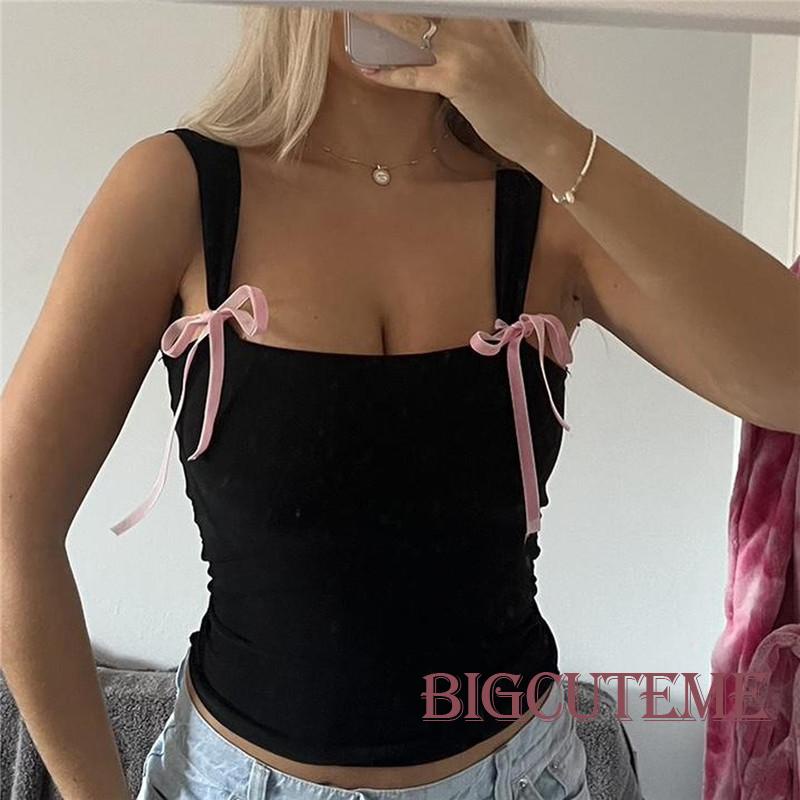 [] - Áo Tank Top Thắt Nơ Dễ Thương Mỏng Vừa Vặn Phong Cách Retro Đường Phố Hàn Quốc Y2k