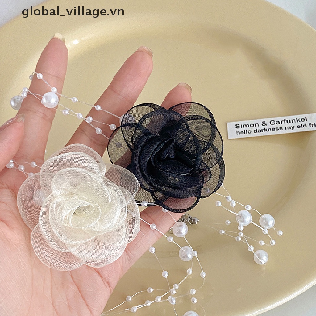 Vòng Cổ Choker Ngọc Trai Hoa Đen Trắng Lãng Mạn Mùa Hè Cho Nữ [VN]