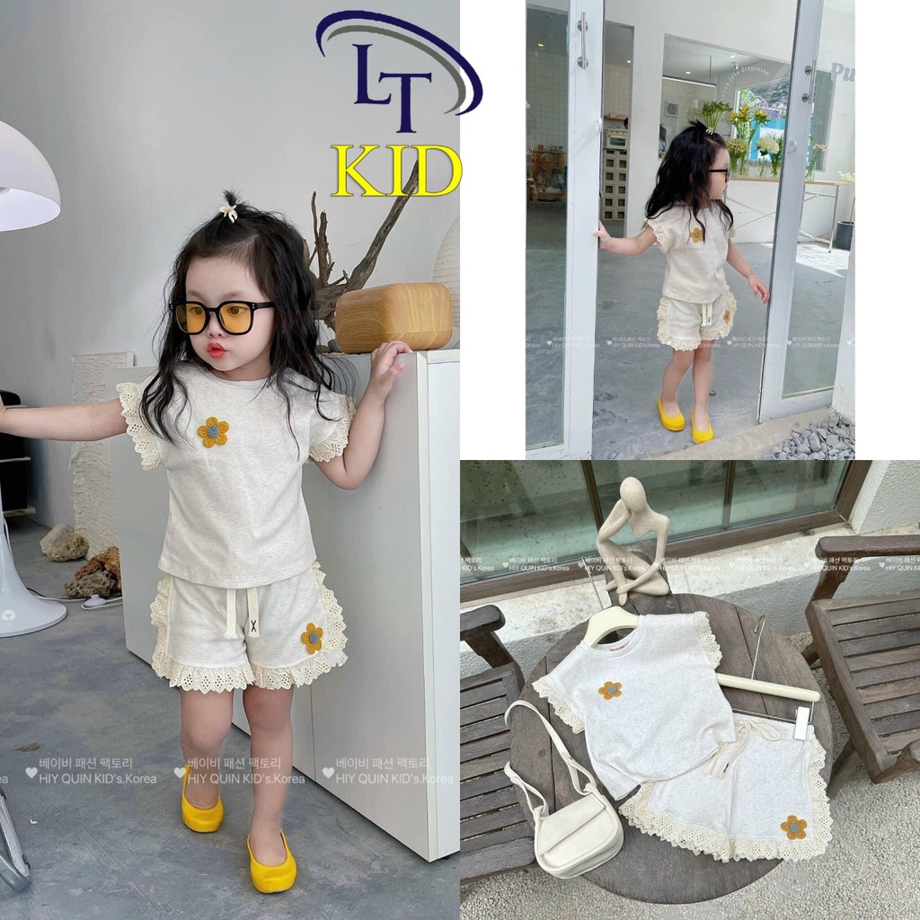 Bộ cotton tàu phối viền ren, gắn hoa len cho bé gái 8-20kg