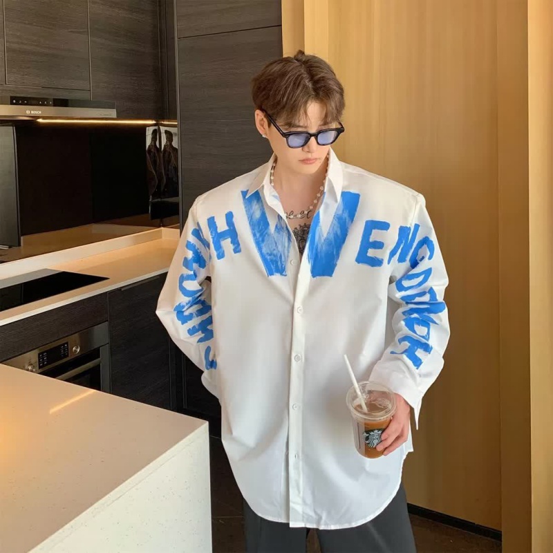 Áo Sơ Mi Tay Dài Dáng Rộng In Họa Tiết Graffiti Đường Phố Mỹ Cá Tính Cho Nam Và Nữ
