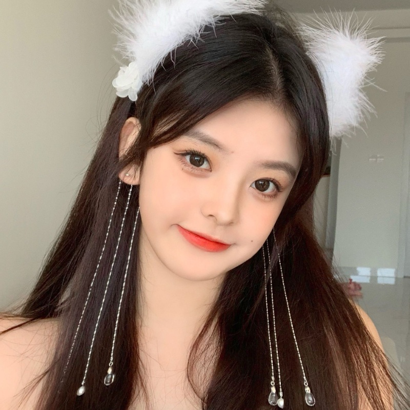 Bông Tai Dài Tua Rua Lông Vũ Trắng Thời Trang Chụp Ảnh Cho Nữ
