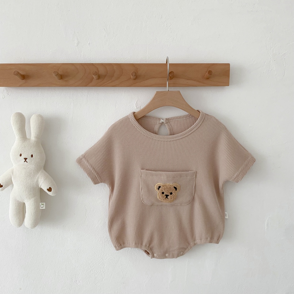 Bộ Áo Liền Quần Tay Ngắn Cổ Tròn Dáng Rộng In Hình Gấu Nhỏ Dễ Thương Thời Trang Mùa Hè Cho Bé Gái