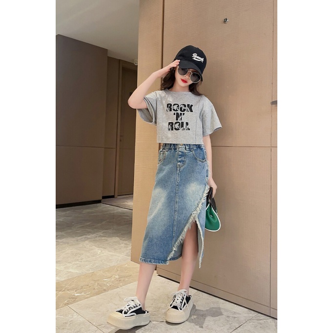 Set Áo Thun Ngắn Tay Và Chân Váy Denim Thời Trang Mùa Hè Cho Bé Gái