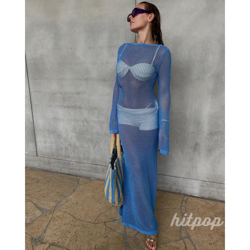Áo Dệt Kim Tay Dài Cổ Tròn Màu Trơn Thời Trang Đi Biển Mùa Hè Cho Nữ