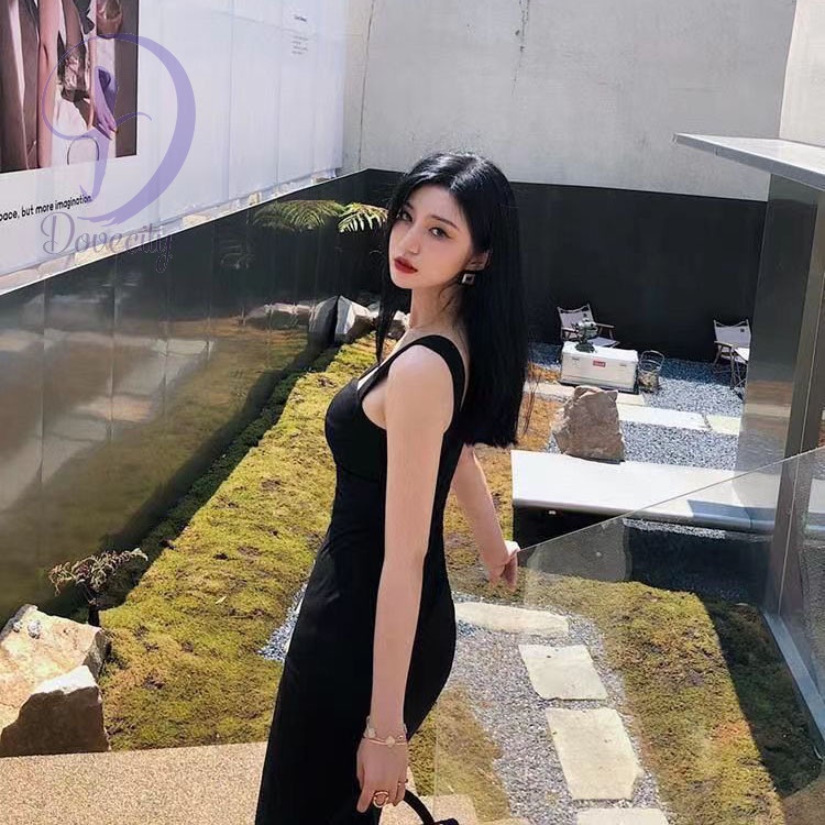 Đầm Hai Dây Ôm Dáng Xẻ Tà Chéo Màu Đen Thiết Kế Gợi Cảm Cao Cấp Cho Nữ