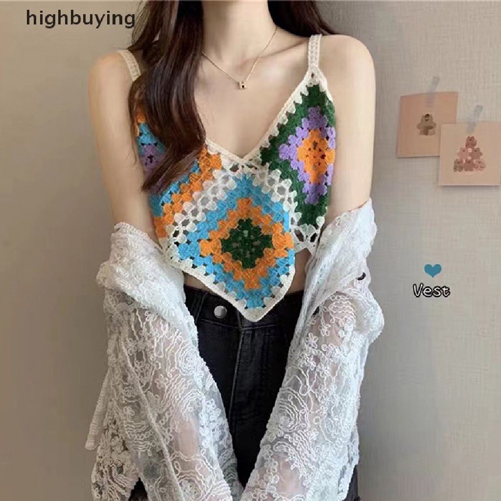 Áo Hai Dây Dệt Kim Cổ Chữ V Thêu Họa Tiết Phong Cách Retro Cho Nữ