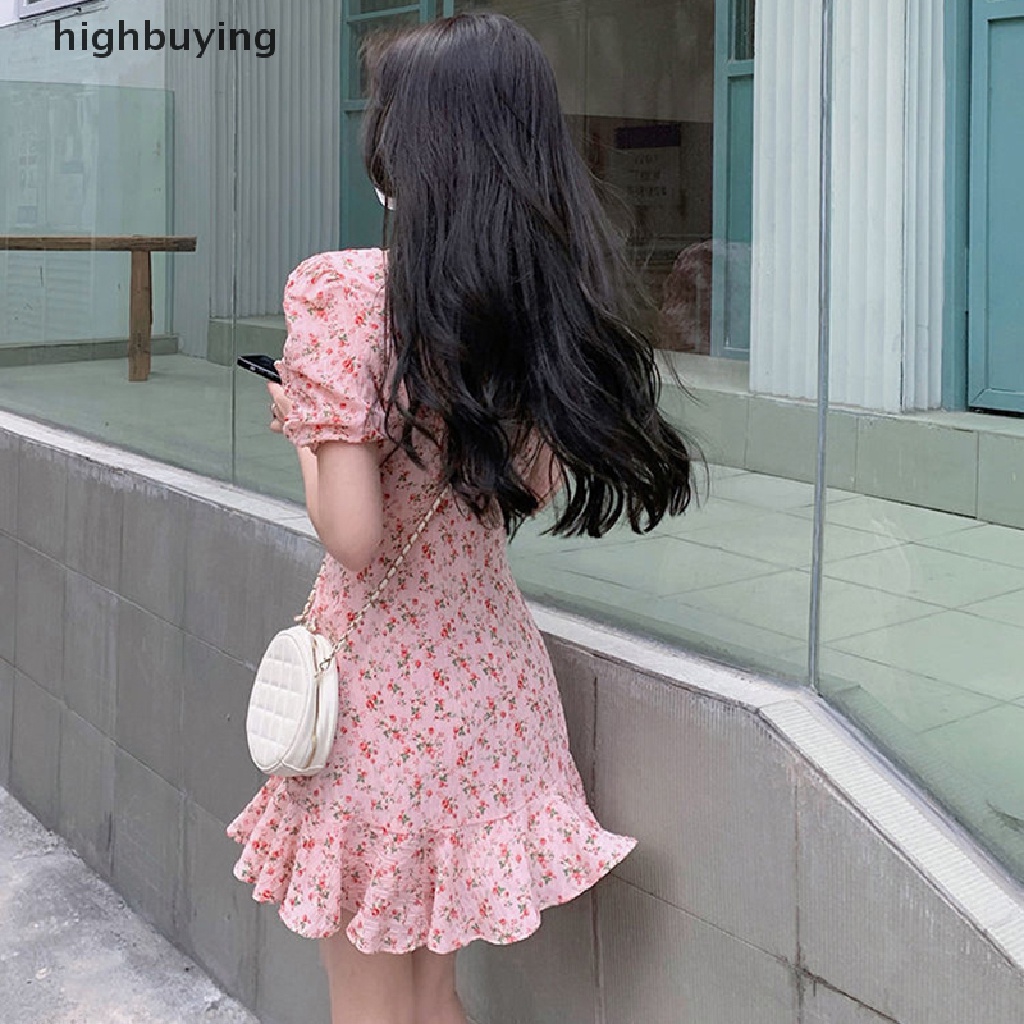 Đầm Mini Cổ Vuông Tay Phồng In Hoa Phối Dây Rút Thời Trang Hàn Quốc Thanh Lịch Cho Nữ