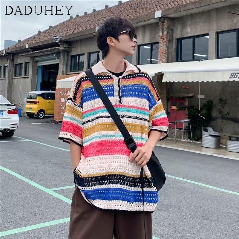 DaDuHey  2023 New Pullover Loose and Lazy Style Retro Soft Glutinous Sweater Top Men's and Women's Rainbow Striped Sweater