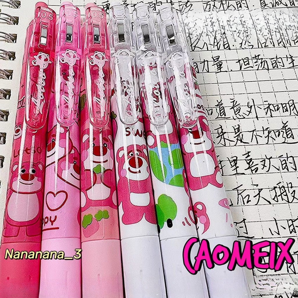 Bộ 6 Bút Mực Gel Ngòi 0.5Mm Màu Đen In Hình Gấu / Dâu Tây Kiểu Công Nghệ Cao Nhanh Khô