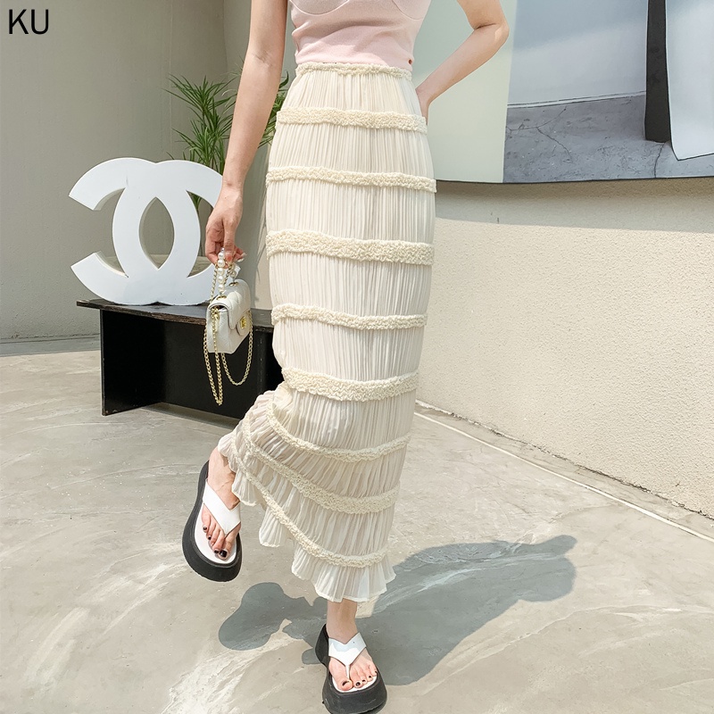 Chân Váy Chiffon Dài Lưng Thun Màu Trơn Phối Ren Thời Trang Hàn Quốc 2023 Mới