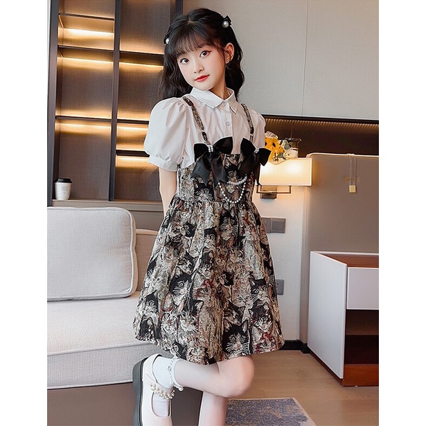 Bộ Áo Sơ Mi Phối Chân Váy Yếm Kiểu Hàn Quốc Thời Trang Mùa Hè Cho Bé Gái