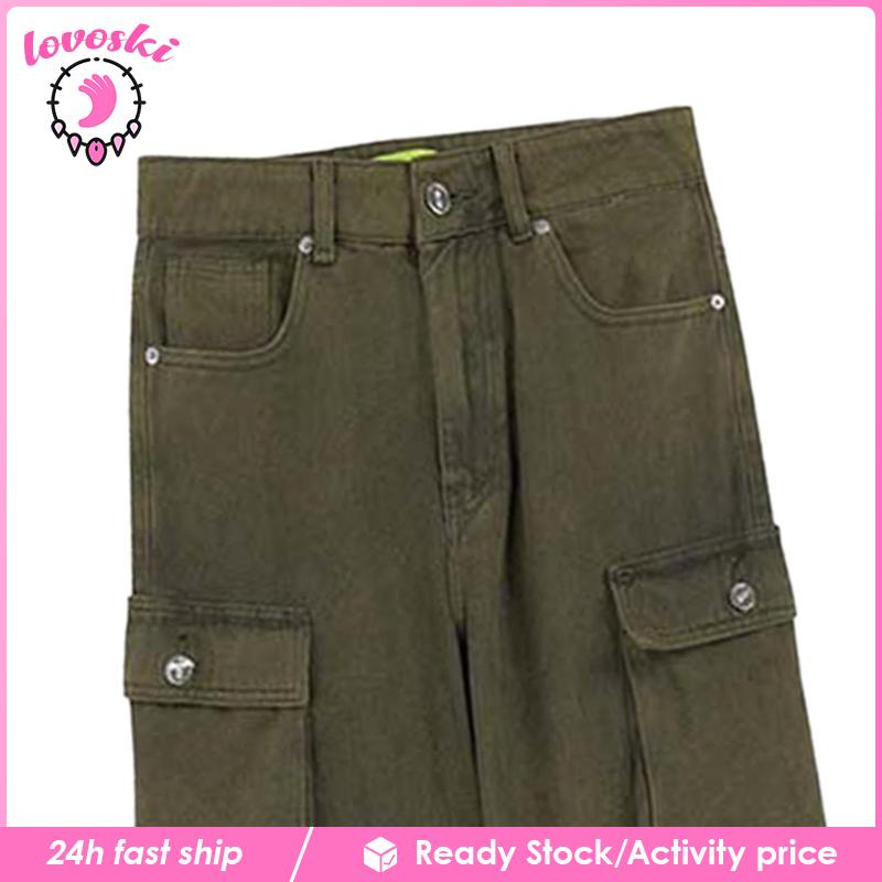 Quần Dài Ống Rộng Lưng Cao Có Túi Thời Trang Unisex