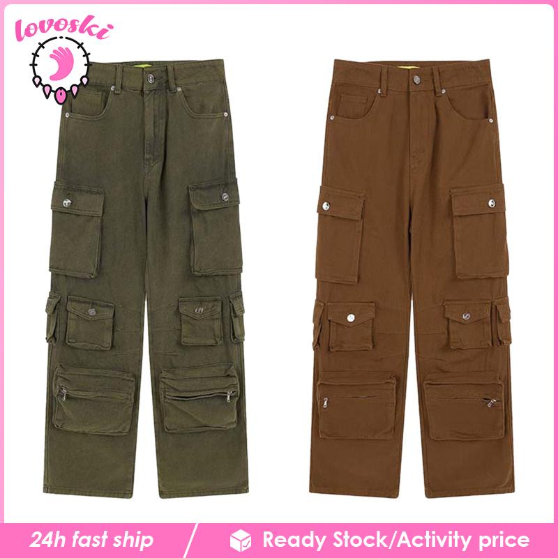 Quần Dài Ống Rộng Lưng Cao Có Túi Thời Trang Unisex