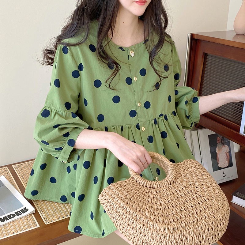 Áo Sơ Mi Cotton Lanh Cao Cấp Tay Phồng Cổ Tròn Dáng Rộng Họa Tiết Chấm Bi Thời Trang Mùa Hè Hàn Quốc Cho Bé