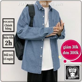 Áo sơ mi jean nam form rộng dài tay màu xanh phong cách Hàn Quốc PON.MENS