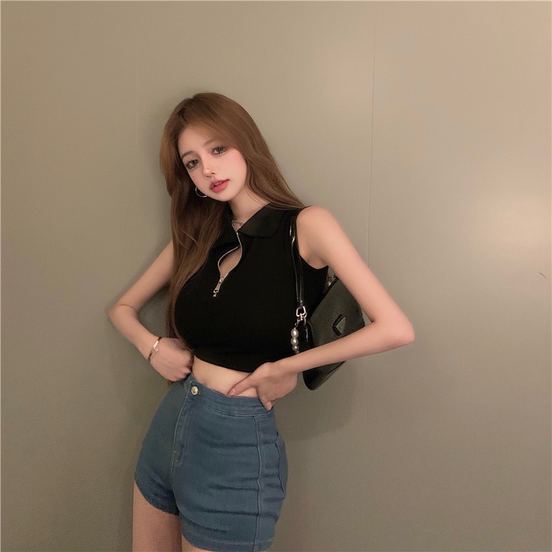 Áo croptop SUXI không tay cổ polo dáng ôm phong cách cổ điển thời trang mùa hè dành cho nữ