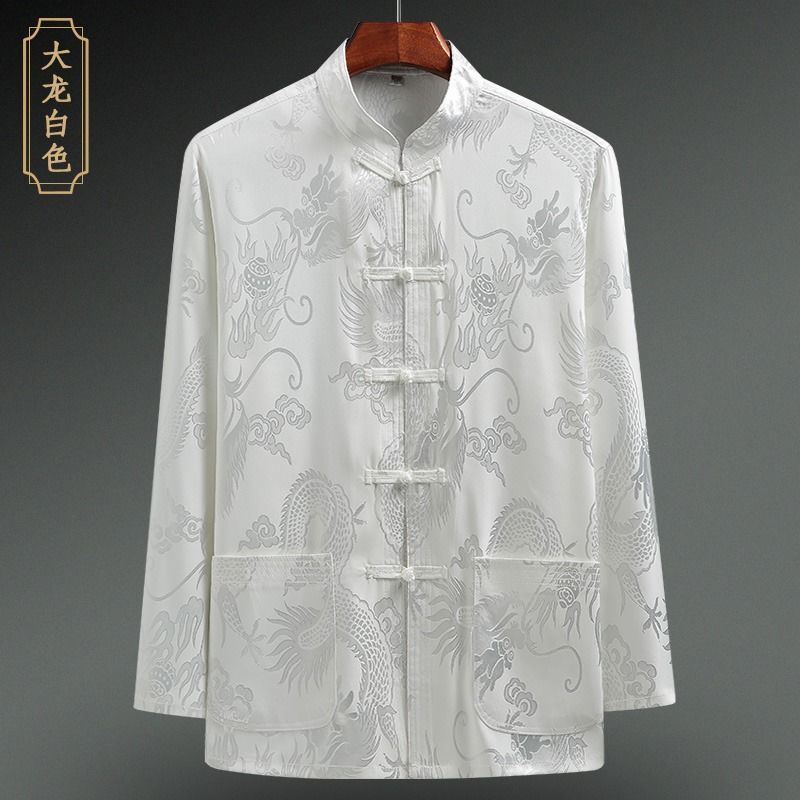 Áo Sơ Mi Tay Dài Cổ Đứng Form Rộng Phối Túi Phong Cách Retro Trung Hoa Cho Nam