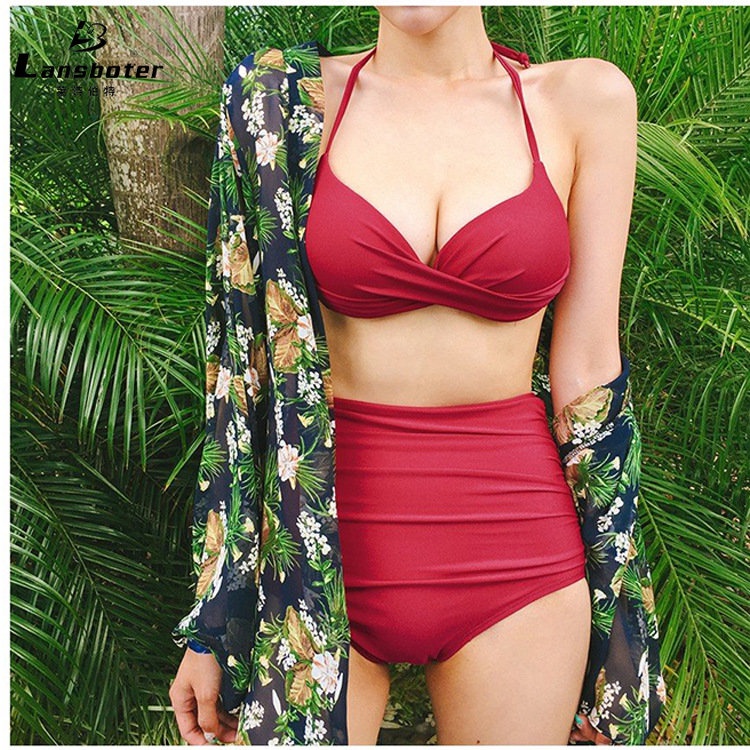 Đồ bơi bikini LANSBOTER hai mảnh màu trơn thời trang đơn giản quyến rũ dành cho nữ