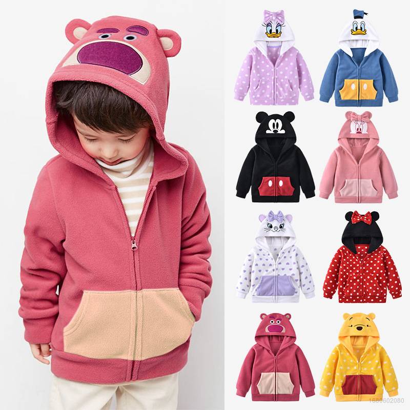 Gấu dâu Lotso Áo Khoác cardigan Có Nón Dáng Rộng Có Khóa Kéo In Hoạt Hình Winnie the Pooh Gấu Dâu Tây Chuột Mickey Minnie Cho Bé Trai Bé Gái