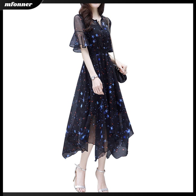 Đầm Midi Tay Ngắn Cổ Tròn Dáng Ôm Thiết Kế Không Đồng Đều Xinh Xắn Thời Trang Cho Nữ