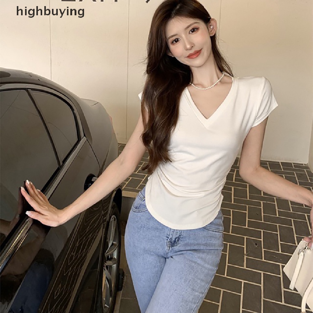 Áo Thun Tay Ngắn Cổ Chữ V Màu Sắc Đơn Giản Cho Nữ