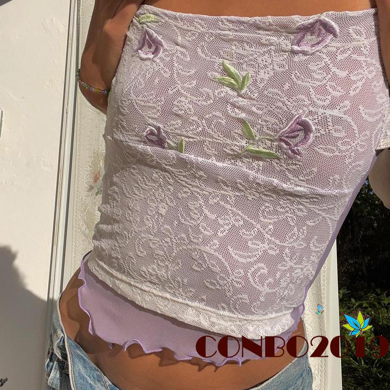 Áo Ren Hoa Phối Lưới Cổ Điển Y2K Dành Cho Nữ