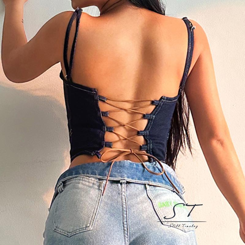 Áo Hai Dây Denim CY03 Ôm Dáng Hở Lưng Thời Trang Mùa Hè Cho Nữ