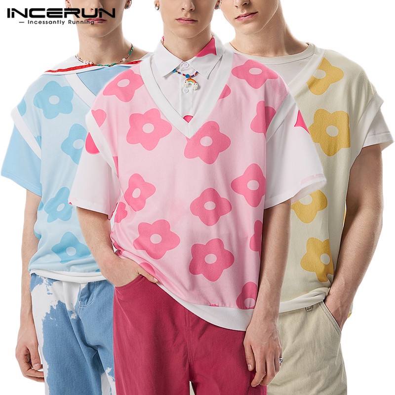 Áo INCERUN tay ngắn họa tiết hoa thời trang phong cách cho nam