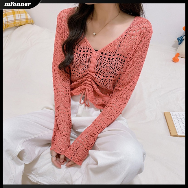 Áo Kiểu Dệt Kim Tay Dài Dáng Rộng Cổ Chữ V Phối Dây Rút Thời Trang Cho Nữ