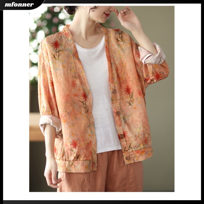 Áo Sơ Mi Tay Dài Cổ Chữ V Dáng Rộng Vải Lanh In Họa Tiết Thời Trang Cho Nữ