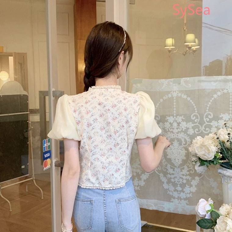 Áo Kiểu Tay Phồng Cổ Chữ V Phối Ren Hoa Phong Cách Retro Pháp