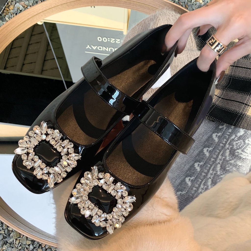 Giày Búp Bê Da Mũi Vuông Đính Đá Xinh Xắn Dành Cho Nữ