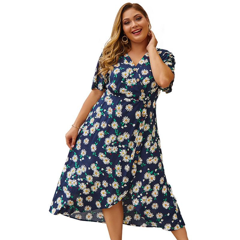 Đầm Midi Cài Nút Cổ Chữ V In Họa Tiết Hoa Cúc Nhí Xinh Xắn Thời Trang Phong Cách BOHO Cho Nữ