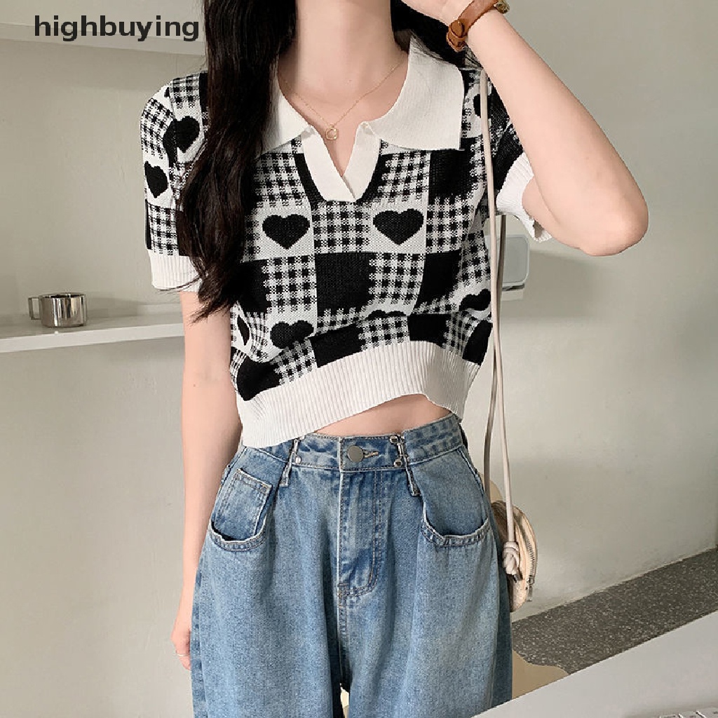 Áo Croptop Dệt Kim Tay Ngắn Cổ Polo Họa Tiết Caro Và Trái Tim Thời Trang Mùa Hè Cho Nữ