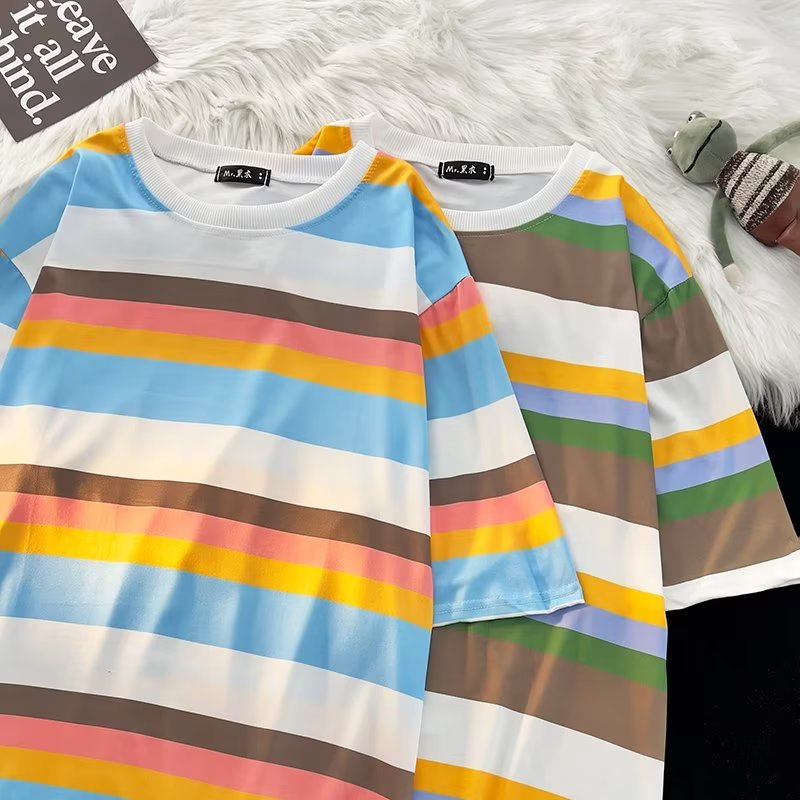 Áo Thun Tay Ngắn Cổ Tròn Họa Tiết Kẻ Sọc Thời Trang Mùa Hè 2023 Mới Cho Nam