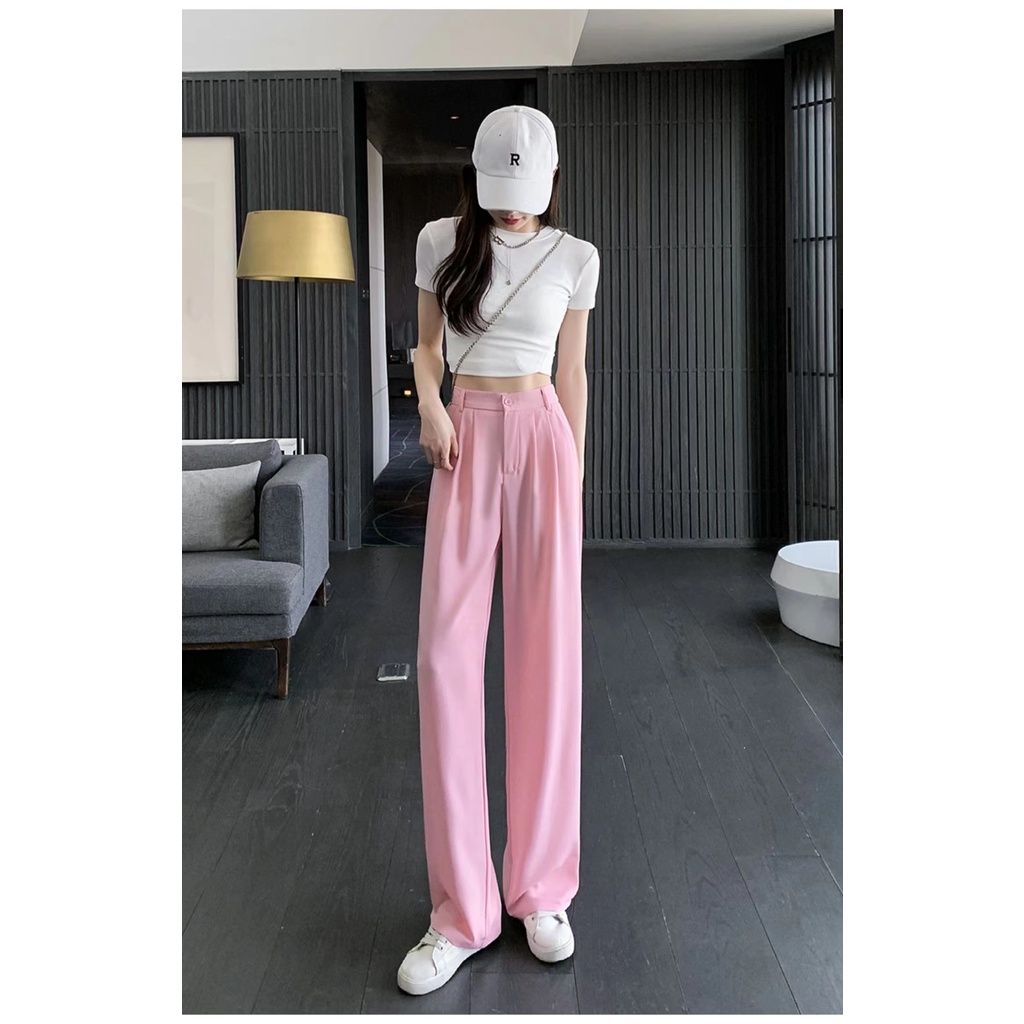 SUXI Quần Dài Lưng Cao Ống Rộng Màu Sắc Đơn Giản Thời Trang Mùa Hè Cho Nữ