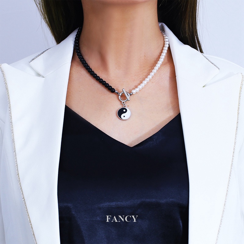Fancy Vòng Cổ Chuỗi Hạt Ngọc Trai Trắng Đen Thái Cực Quyền Phong Cách Hip Hop Cho Nữ