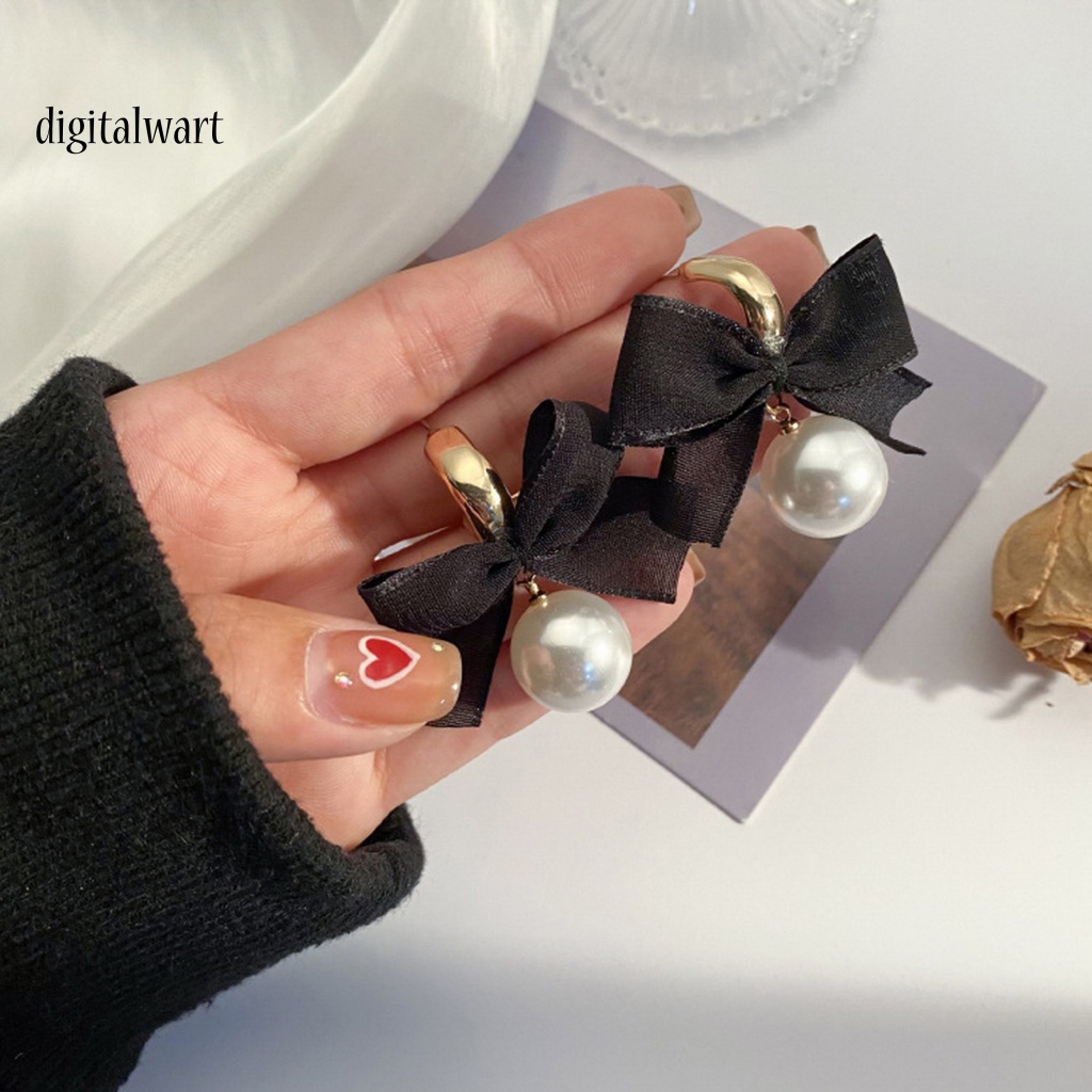 Kỹ Thuật Số| 1 Đôi Bông Tai Hình Nơ Đen Đính Ngọc Trai Giả Phong Cách Pháp Thời Trang Cho Nữ