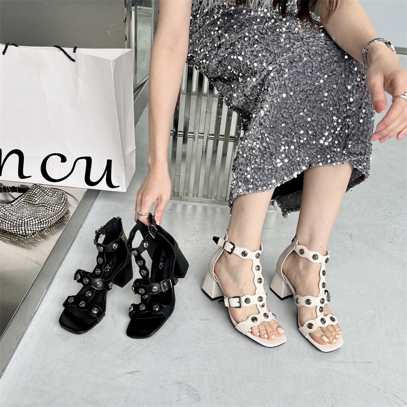 Giày Sandal Cao Gót Mùa Hè 2023 Hở Ngón Có Khóa Kéo Sau Lưng Phong Cách Roman Cho Nữ