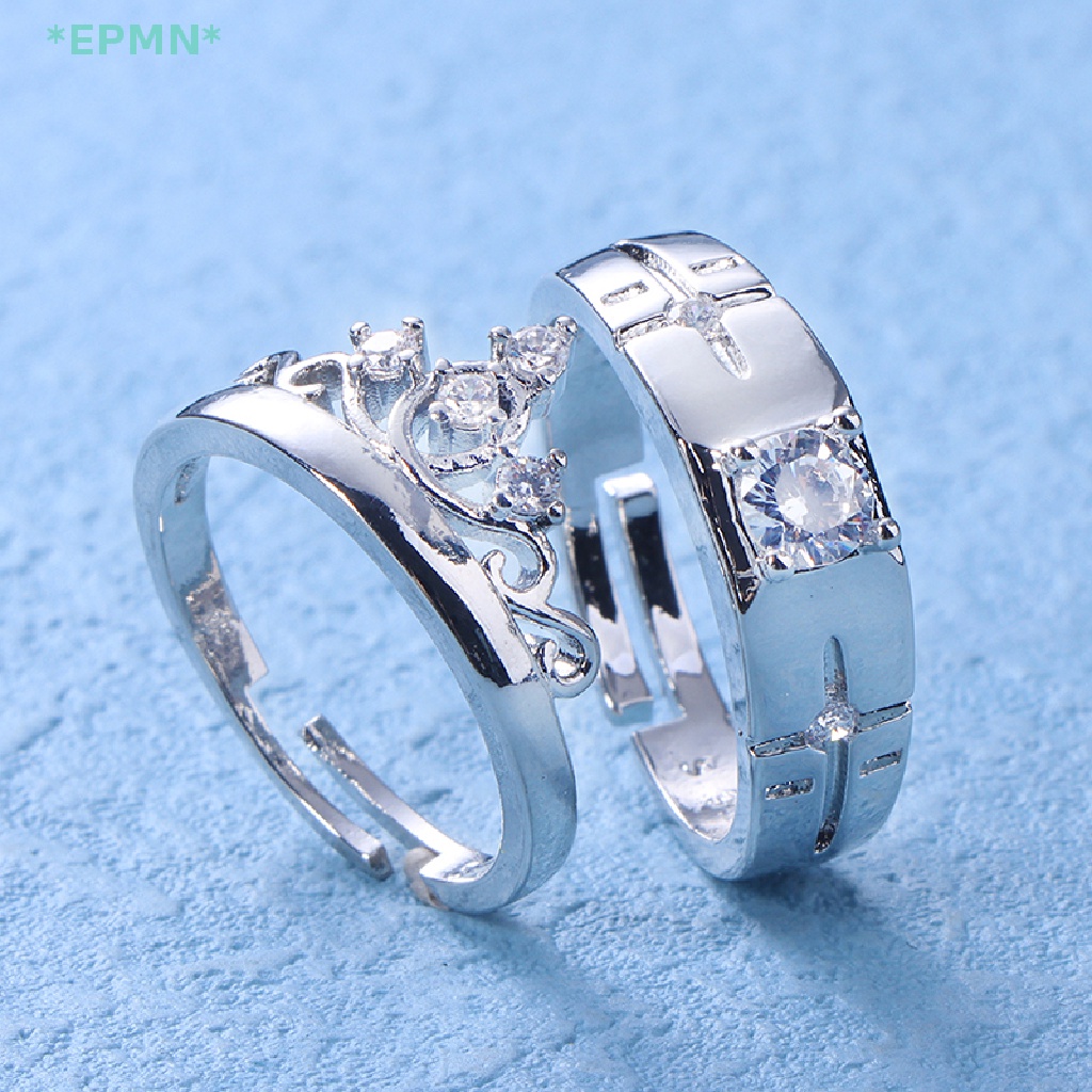 Bộ 2 Nhẫn Đính Hôn Đính Đá Pha Lê Hình Vương Miện Cổ Điển Có Thể Điều Chỉnh Kích Thước Mới