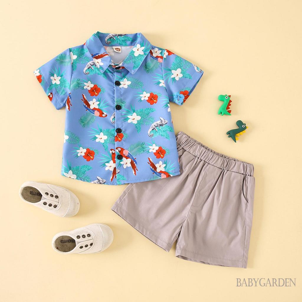 Bộ Áo Sơ Mi Tay Ngắn + Quần Ngắn Màu Trơn Phong Cách Đường Phố Thời Trang Cho Bé Trai 1-5 Tuổi