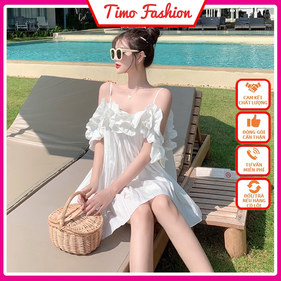 Váy trễ vai, đầm nữ 2 dây dáng dài xếp ly siêu xinh, mặc đi biển, dự tiệc sang trọng chất vải mềm mịn KP2323