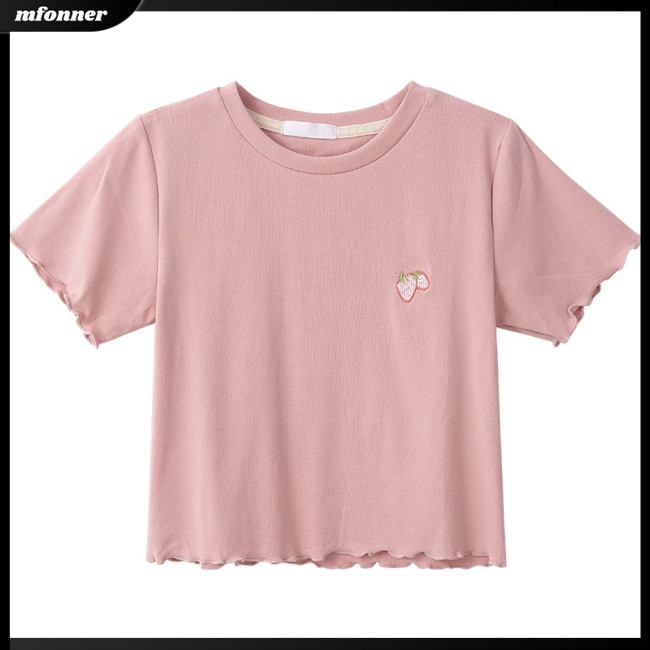 Áo Croptop Ngắn Tay Cổ Tròn Thêu Họa Tiết Ngọt Ngào