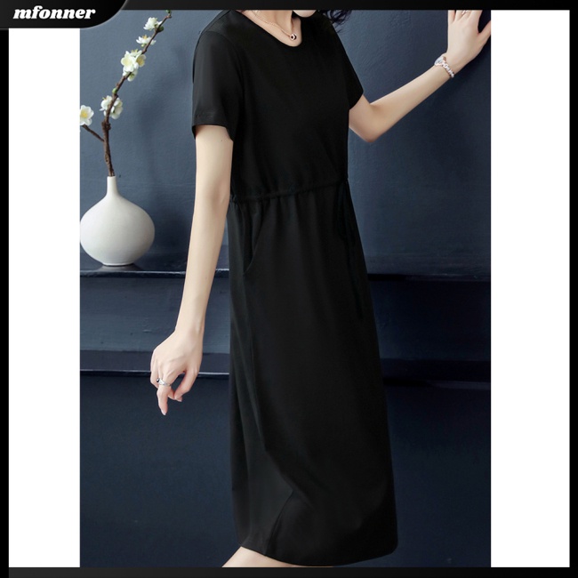 Đầm Midi Tay Ngắn Cổ Tròn Màu Trơn Phối Túi Thiết Kế Thanh Lịch Thời Trang Mùa Hè Cho Nữ