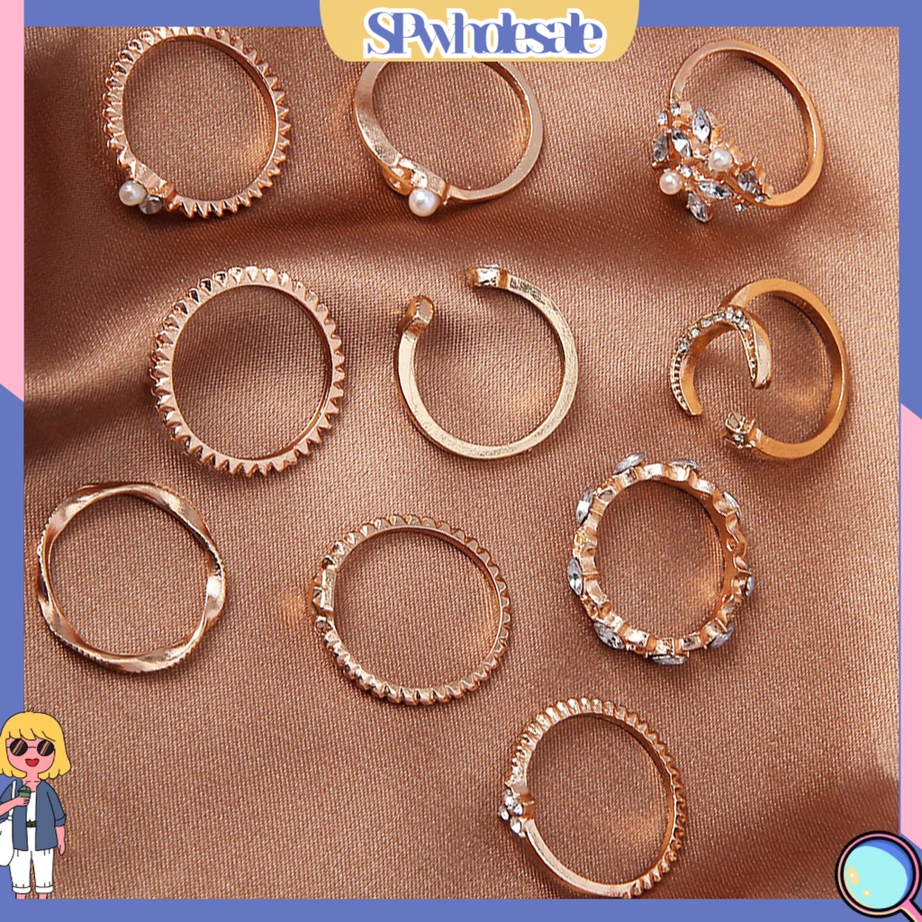 <SPwholesale> Set 10 Nhẫn Thời Trang Hình Học / Lá / Mặt Trăng / Trái Tim Không Phai Màu Trọng Lượng Nhẹ Cho Nữ