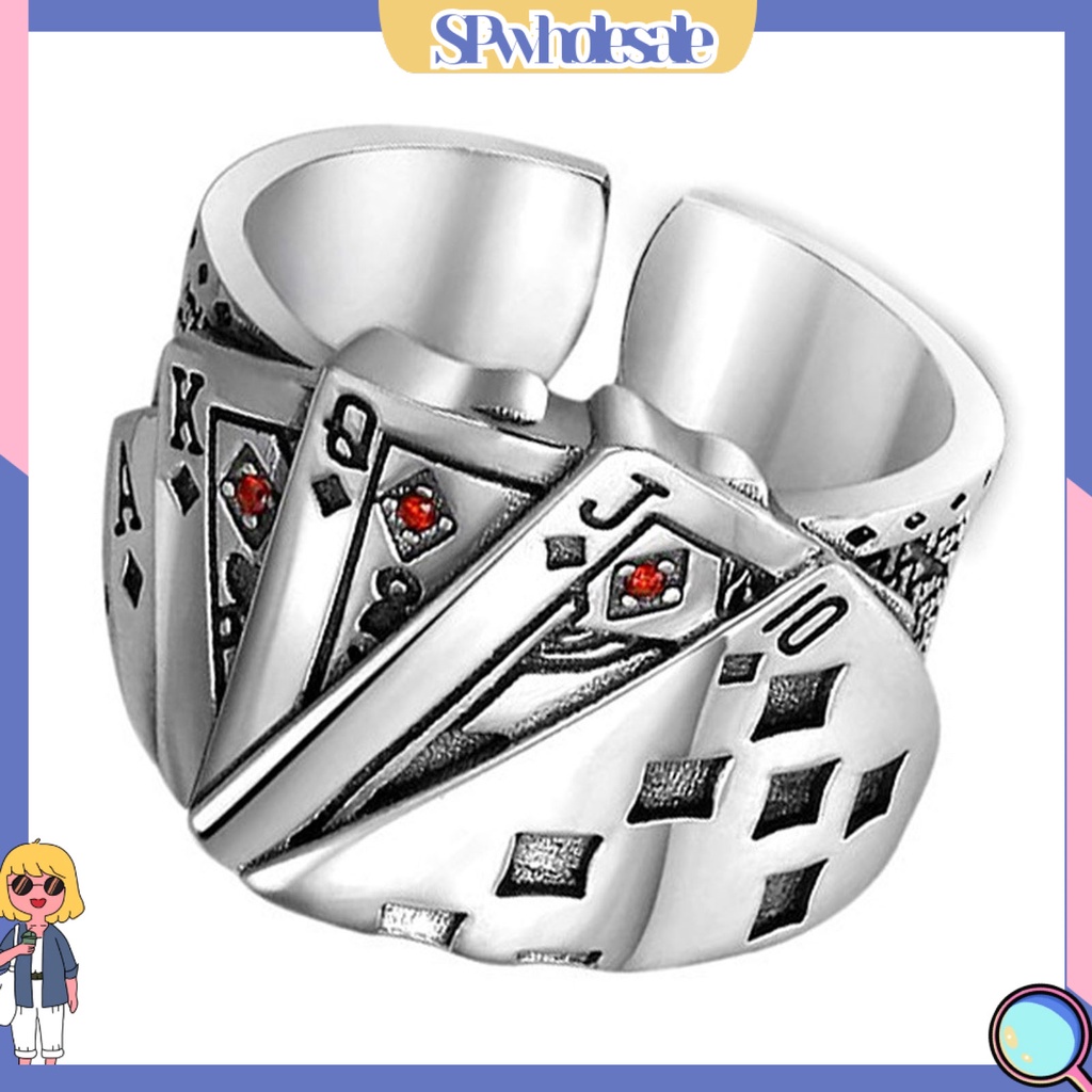 <SPwholesale> Nhẫn Hở Mạ Bạc Khắc Hình Lá Bài Poker Có Thể Điều Chỉnh Kích Cỡ