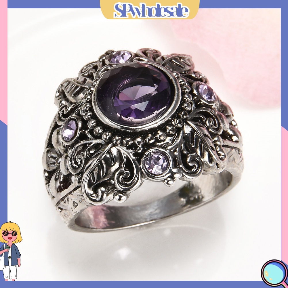 &lt;SPwholesale&gt; Nhẫn Nữ Chạm Khắc Hoa Văn Đính Đá Thạch Anh Tím Phong Cách Vintage