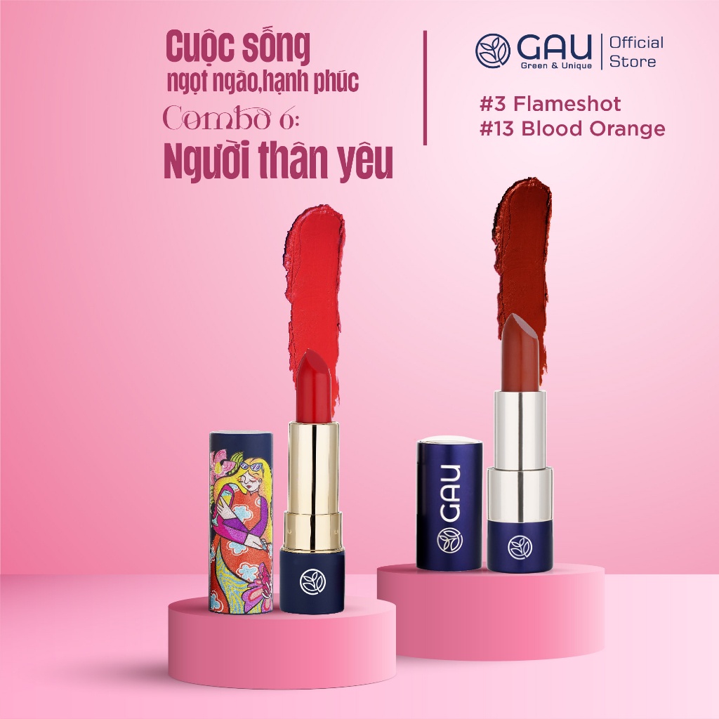 Combo 2 Son Lì Tự Nhiên Darlene Chính hãng GAU Màu Flameshot, Blood Orange Dạng Thỏi Không Chì, Lâu Trôi An Toàn