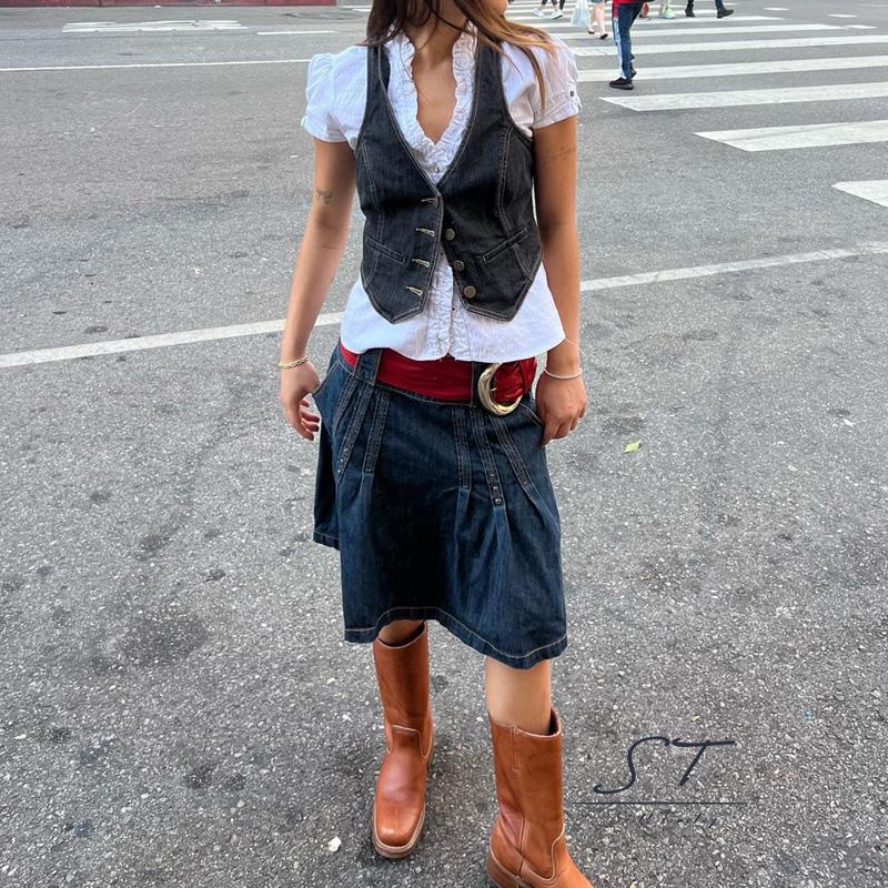 Áo Denim Sát Nách Cổ V Xẻ Sâu Thời Trang Cho Nữ